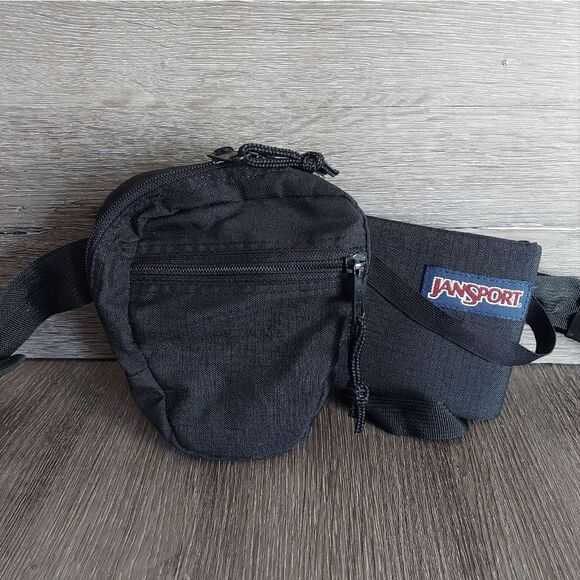 VTG 90s JanSport US Made Black Retro Hike Bottle Holder Zip Fanny Pack Waist Bag - Picture 4 of 5